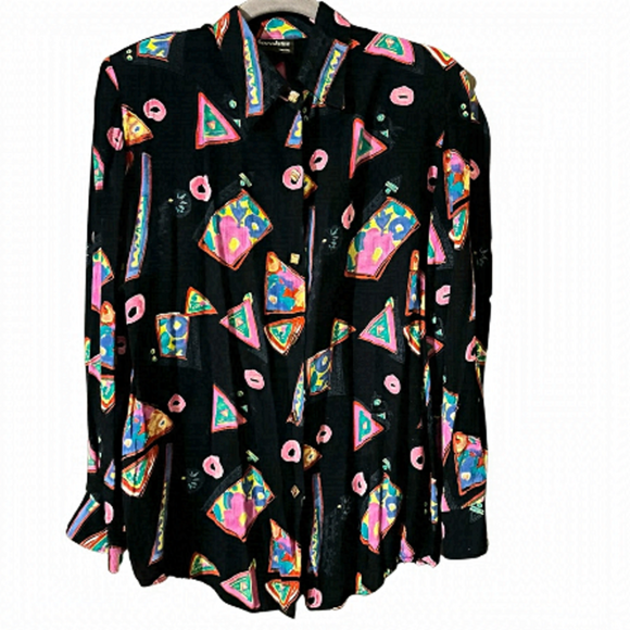 Chocolate Tops - Vintage Chocolates 8 Retro Geometric Black Bright Print Button-Down Blouse